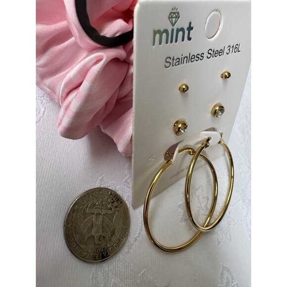 Mint Stainless Steel 316L 3 Pack Gold Tone Studs & Round 1.5" Hoop Earrings NEW - Picture 4 of 5